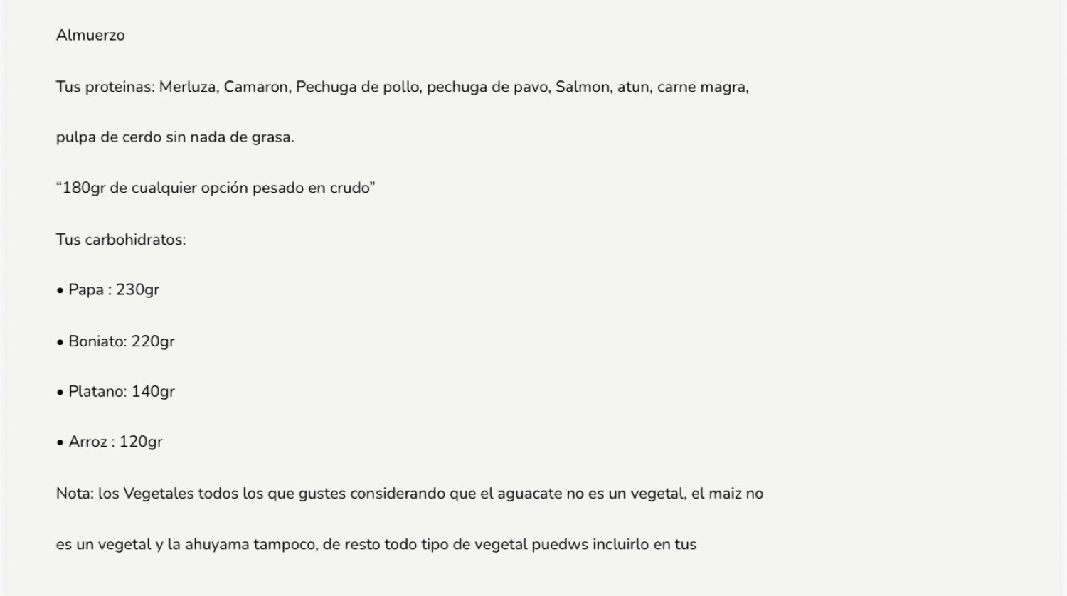Muestra de un plan de nutrición del Método MuscleFit